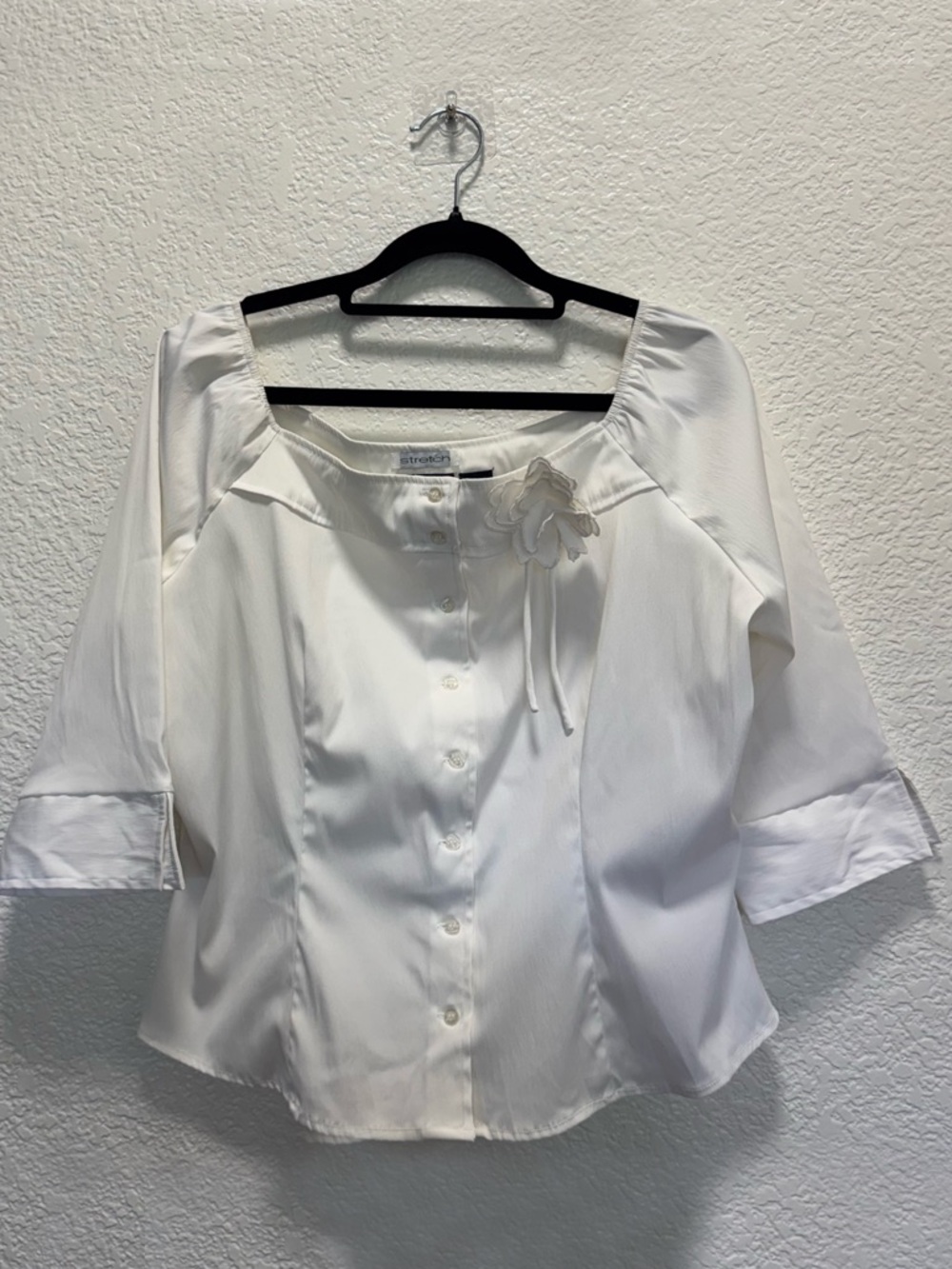 White Button-Front Blouse with Decorative Floral Accent